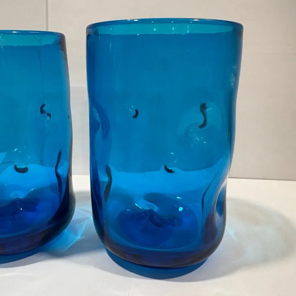 Set of 3 Blenko Tumbler Drinking Glasses Turquoise Blue Pinched Dimpled 4.5 Inch